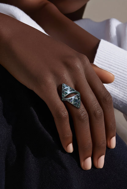 925 Sterling Silver Inlay Ring: Native American, Malachite, Turquoise, Paua Shell, Mother Of Pearl, Triangular Ring, #wedding, #everyone