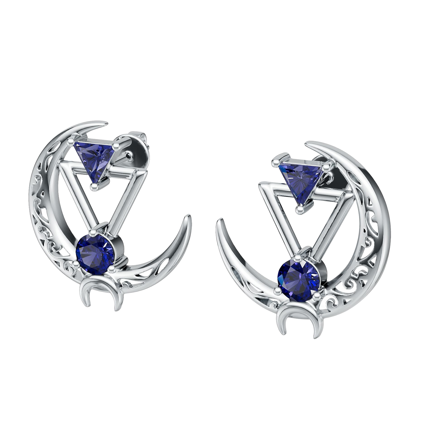 Sterling Sliver Crescent Moon Earrings With Gemstones: Statement Filigree Jewelry, Rose Gold, Gold, Rhodium, Diamond, Emerald, Wedding Gift