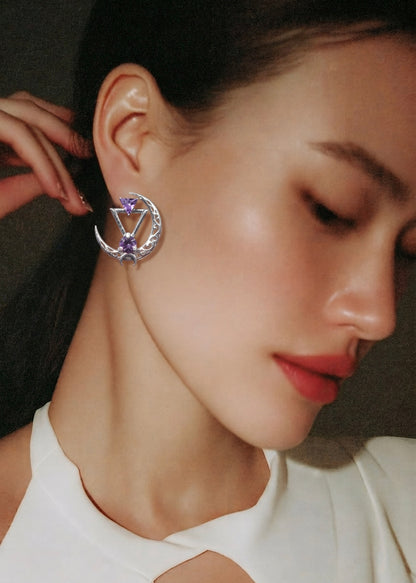 Sterling Sliver Crescent Moon Earrings With Gemstones: Statement Filigree Jewelry, Rose Gold, Gold, Rhodium, Diamond, Emerald, Wedding Gift