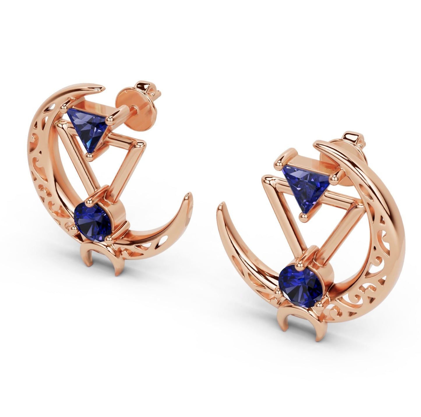Sterling Sliver Crescent Moon Earrings With Gemstones: Statement Filigree Jewelry, Rose Gold, Gold, Rhodium, Diamond, Emerald, Wedding Gift