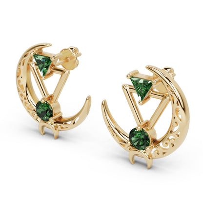 Sterling Sliver Crescent Moon Earrings With Gemstones: Statement Filigree Jewelry, Rose Gold, Gold, Rhodium, Diamond, Emerald, Wedding Gift