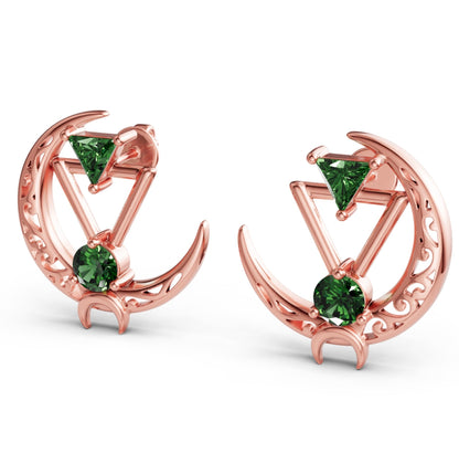 Sterling Sliver Crescent Moon Earrings With Gemstones: Statement Filigree Jewelry, Rose Gold, Gold, Rhodium, Diamond, Emerald, Wedding Gift
