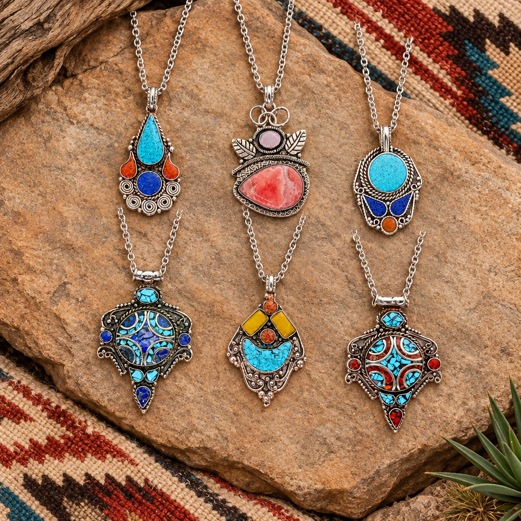 Vintage Sterling Silver Colorful Inlay Pendant Necklaces | Individual or Six-Piece Gift Set