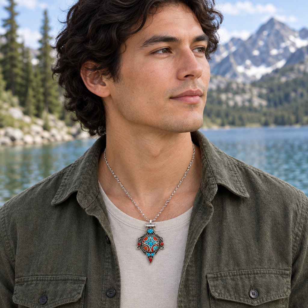 Blue and red geometric pendant beside a mountain lake