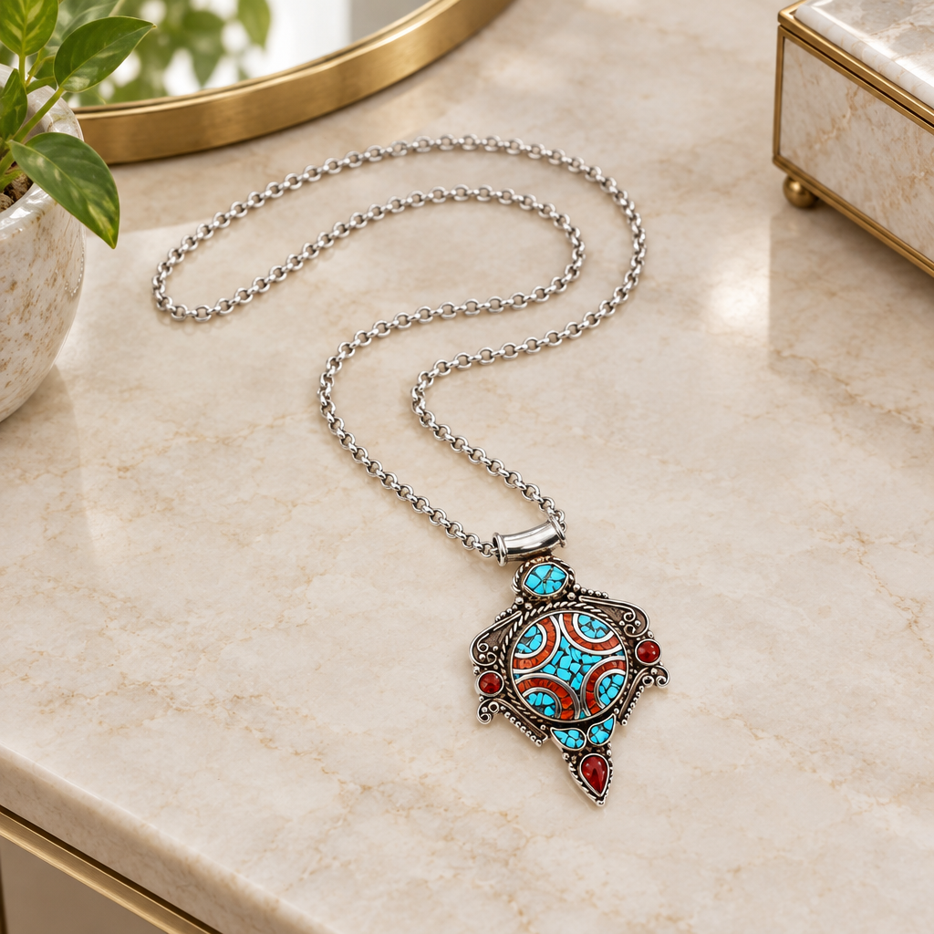 Blue and red geometric pendant in a dressing area