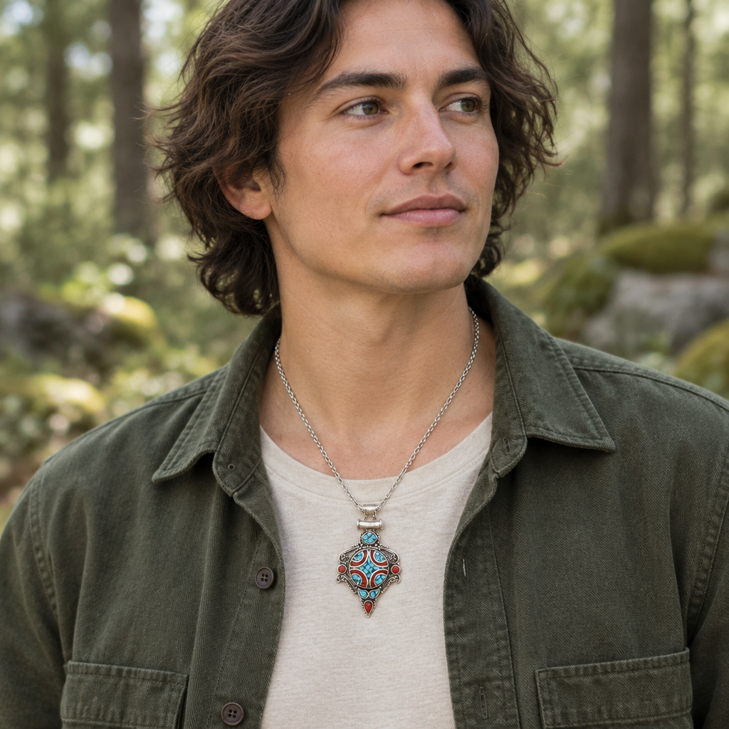 Blue and red geometric pendant in woodland