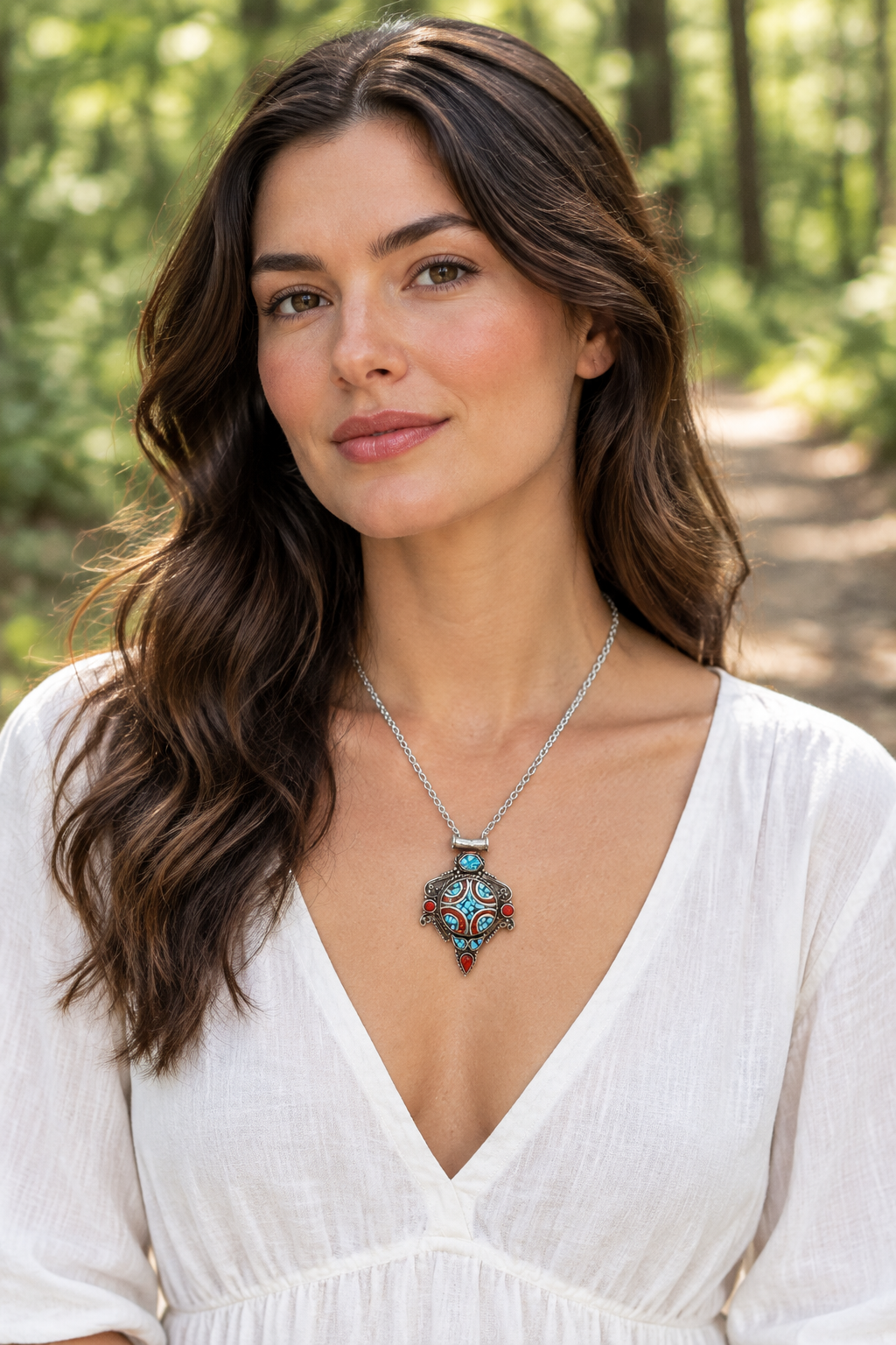 Blue and red geometric pendant on a wooded path