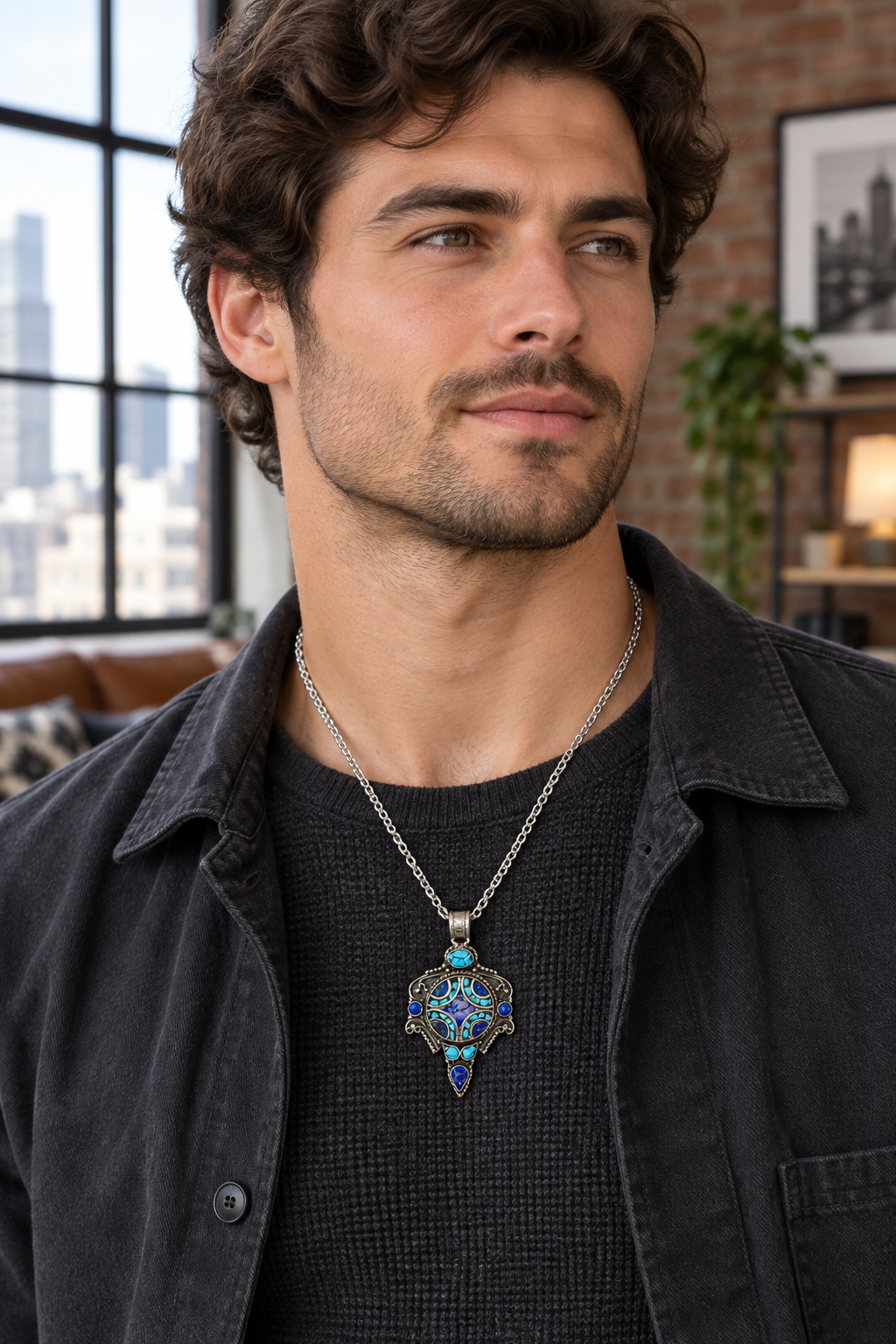 Blue geometric pendant in a city loft