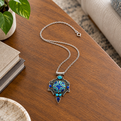 Blue geometric pendant on a living room table