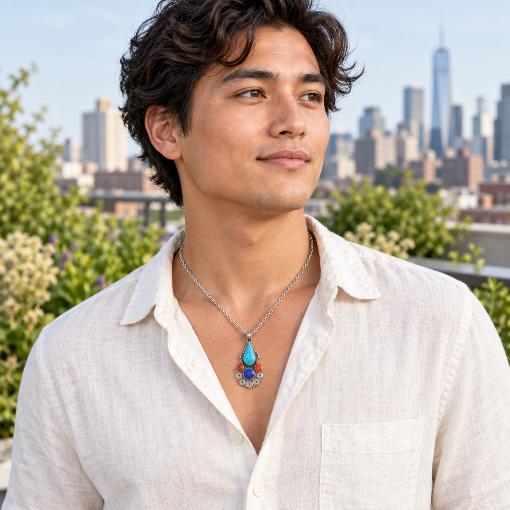 Blue teardrop pendant in a rooftop garden