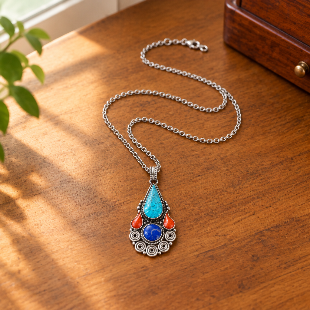Blue teardrop pendant on a dressing table