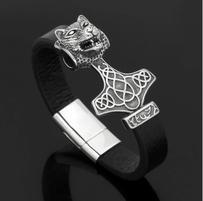 Vikings Wolf Head in Mjolnir Leather Bracelet