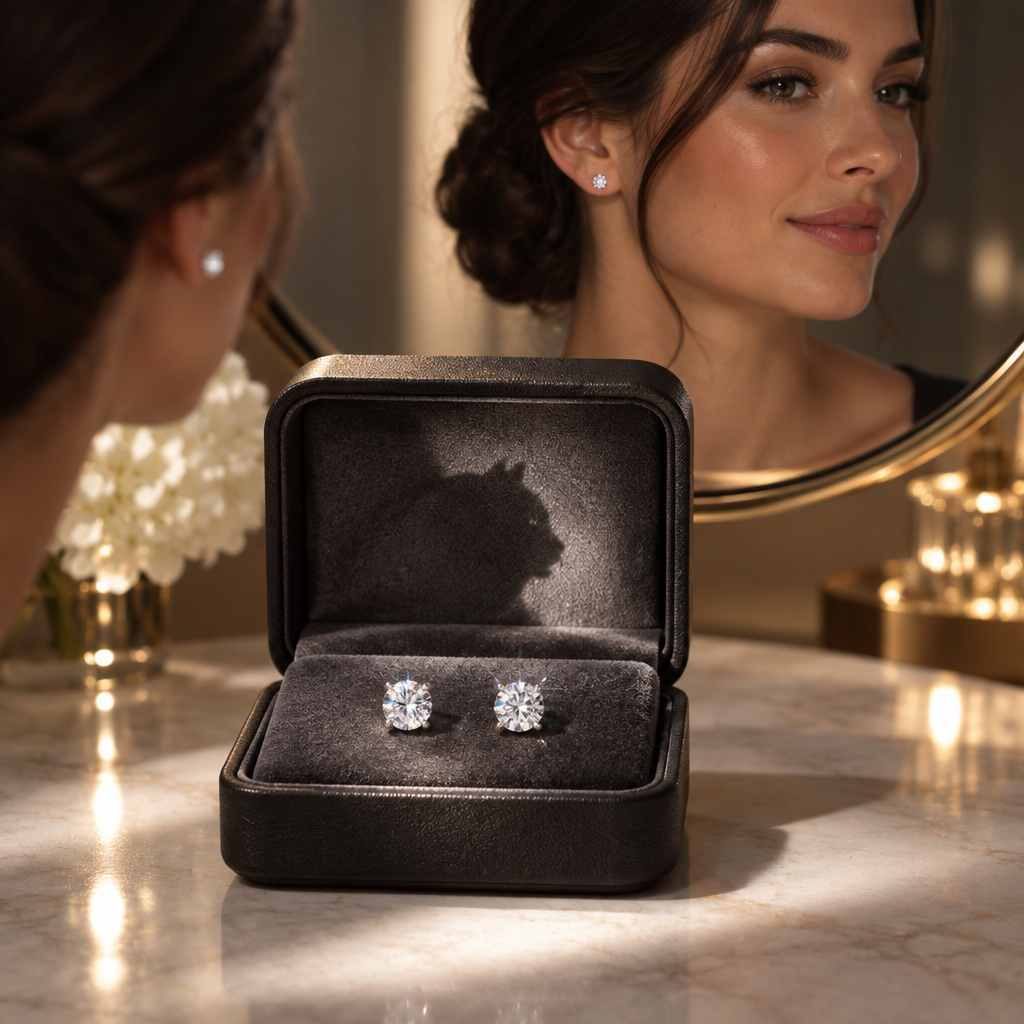 Clear studs in a jewelry box and mirror scene