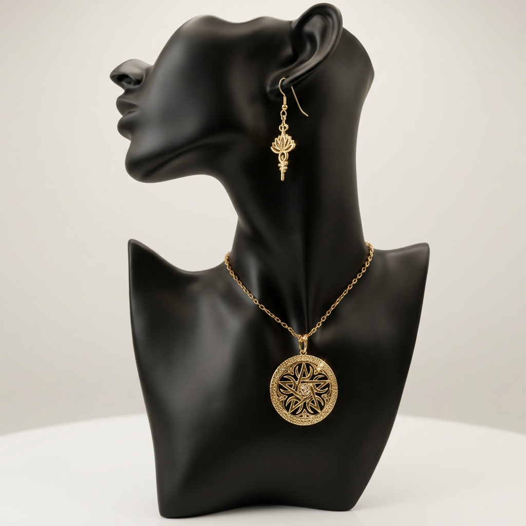 Enhanced gold Celtic rose pentacle necklace and lotus earring set on a black bust in a studio setting