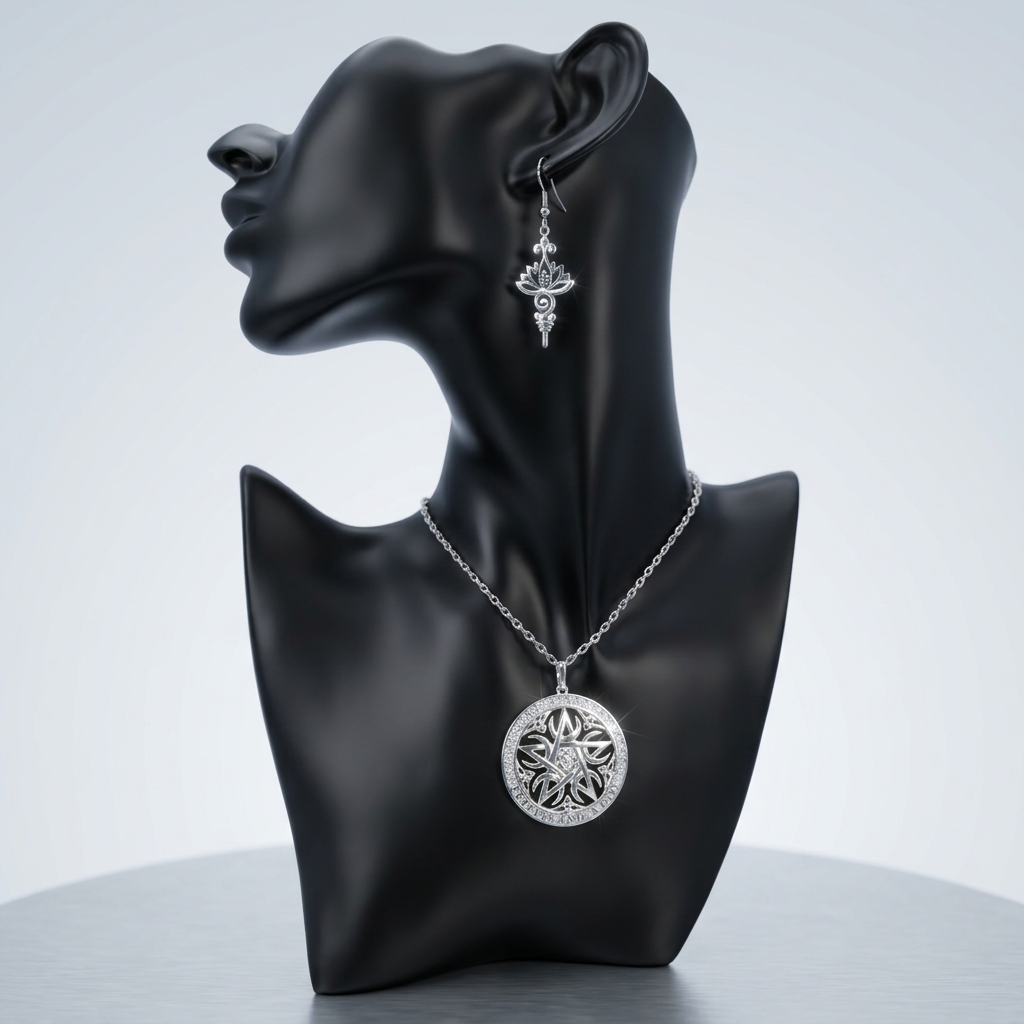 Enhanced silver Celtic rose pentacle necklace and lotus earring set on a black bust in a studio setting