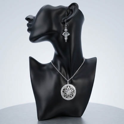 Enhanced silver Celtic rose pentacle necklace and lotus earring set on a black bust in a studio setting