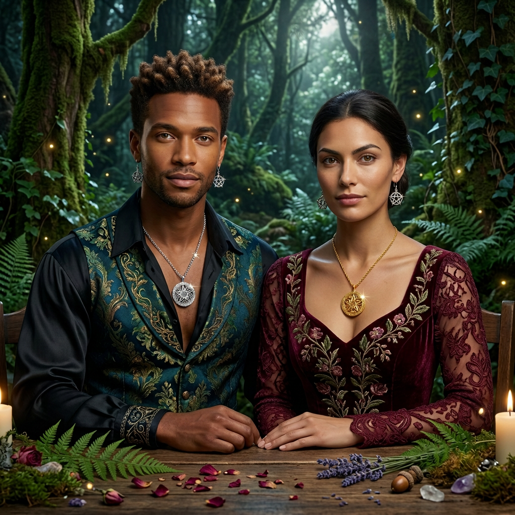 Forest couple portrait with softer realism, mood lighting and subtle sparkles