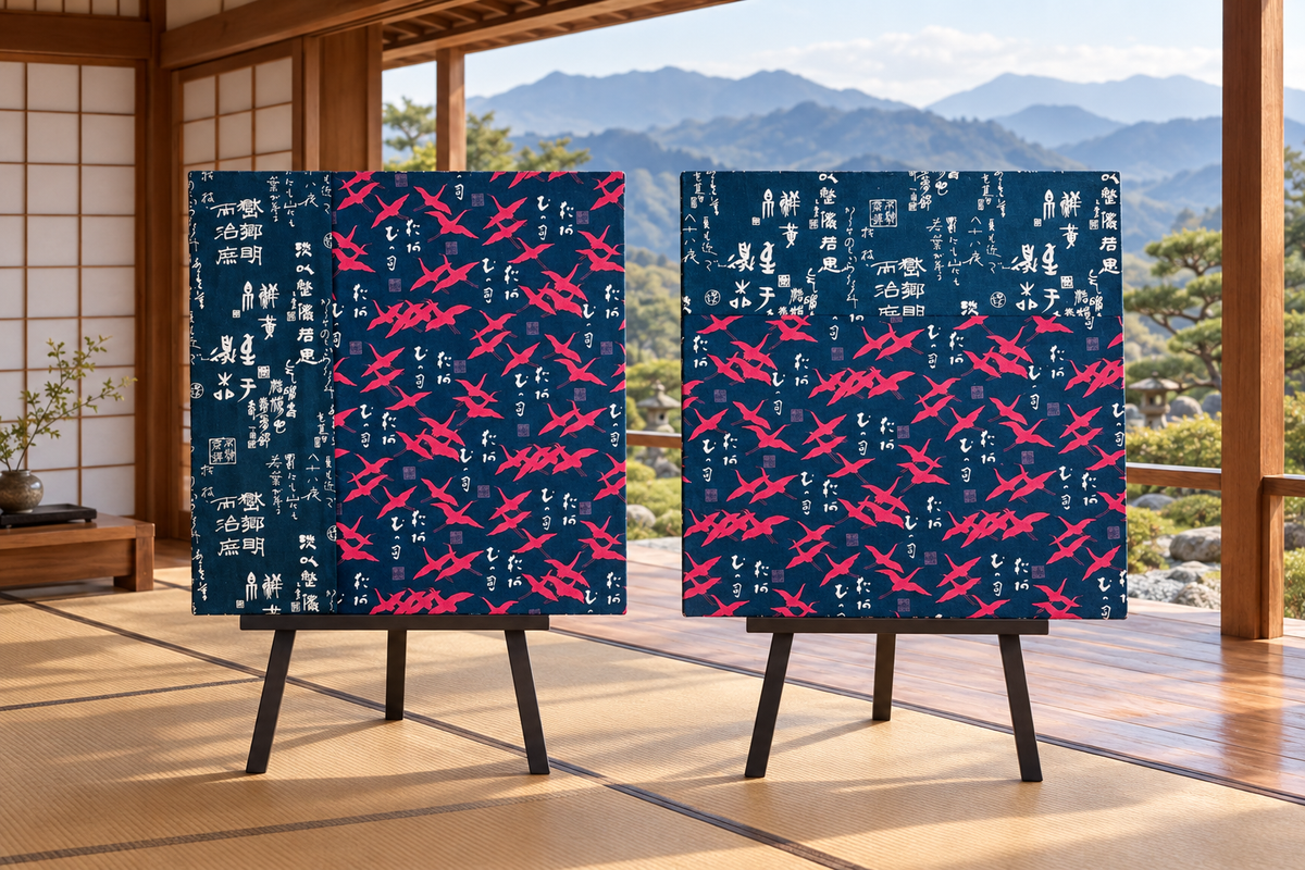 Frederick Troy’s two fabric art panels in a Japanese room overlooking mountains