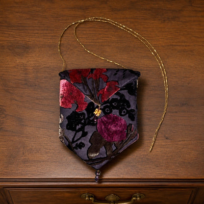 70's Vintage Purple Floral Velvet Handbag - Designer Clutch with Tassel