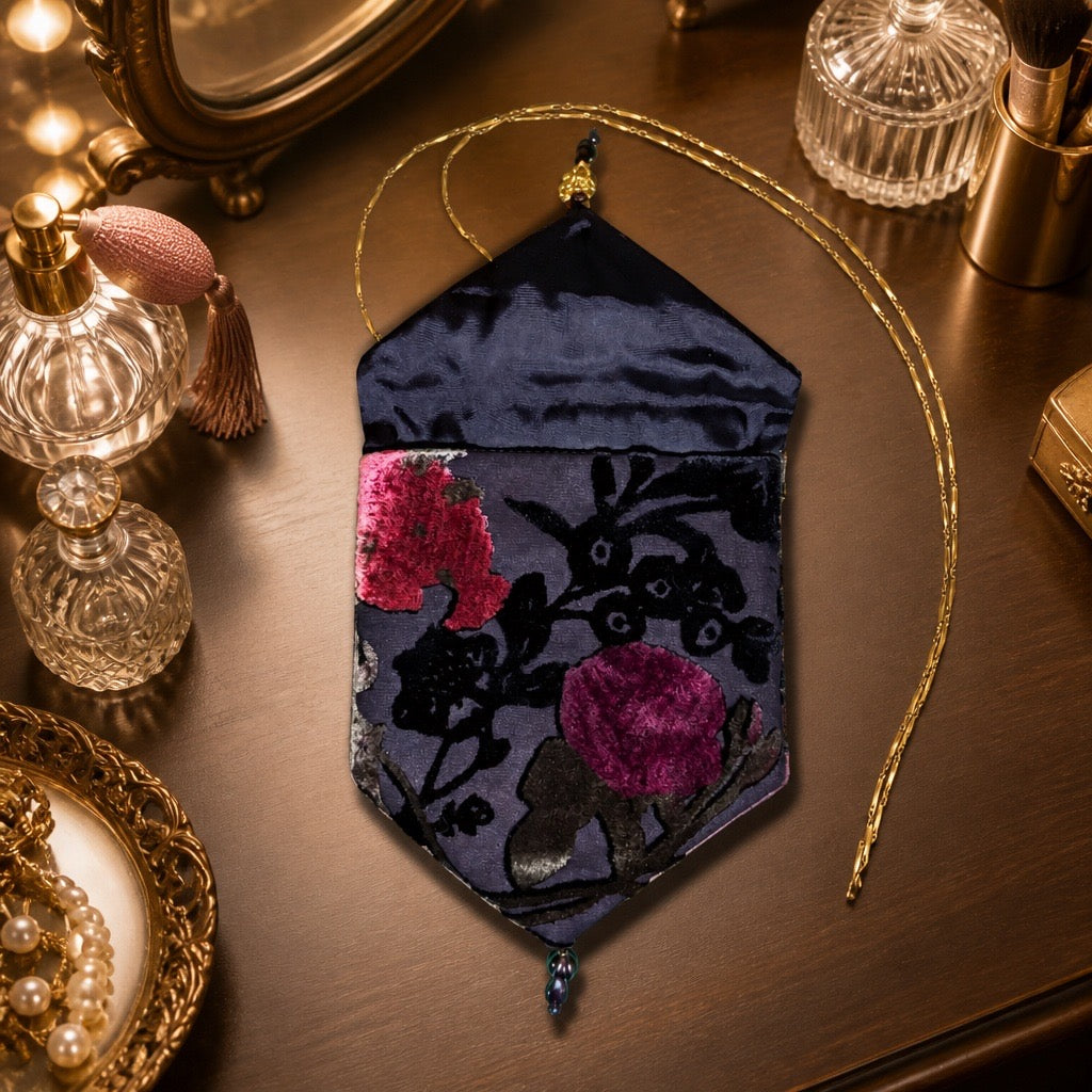 70's Vintage Purple Floral Velvet Handbag - Designer Clutch with Tassel