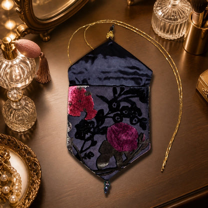 70's Vintage Purple Floral Velvet Handbag - Designer Clutch with Tassel