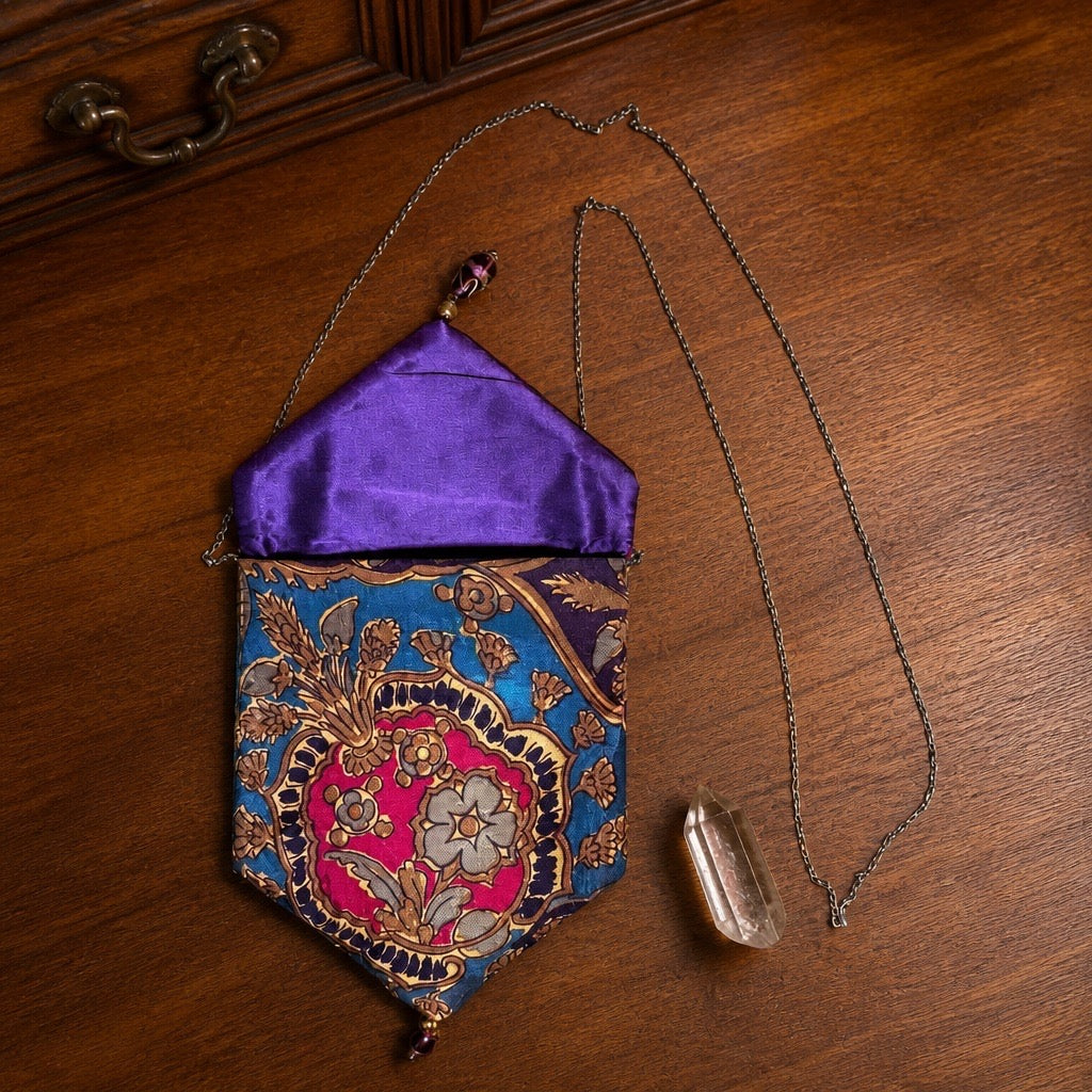70's Vintage Purple, Red, Teal Floral Velvet Handbag - Designer Clutch with Tassel