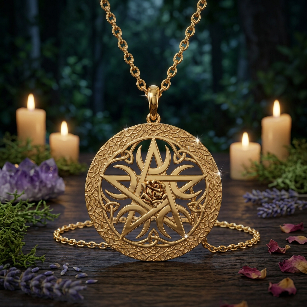 Gold Celtic rose pentacle on a softly lit magical table in moonlight