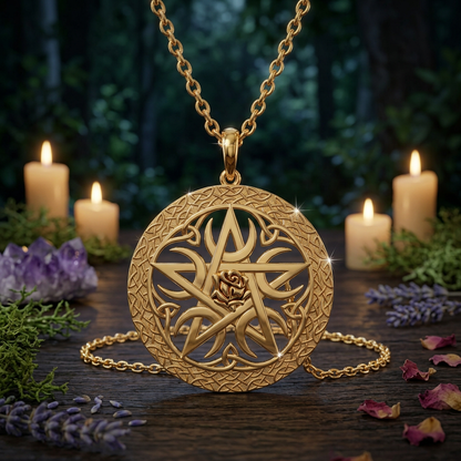 Gold Celtic rose pentacle on a softly lit magical table in moonlight
