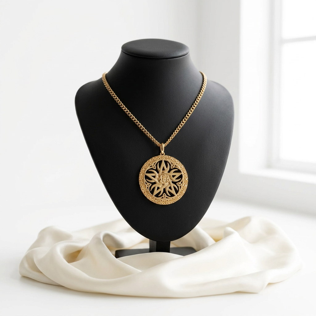 Gold Celtic rose pentacle pendant in bright airy daylight with draped ivory silk