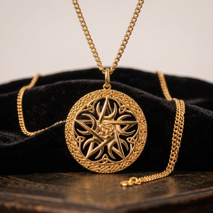Gold Celtic rose pentacle pendant on lit black velvet with brighter even studio lighting