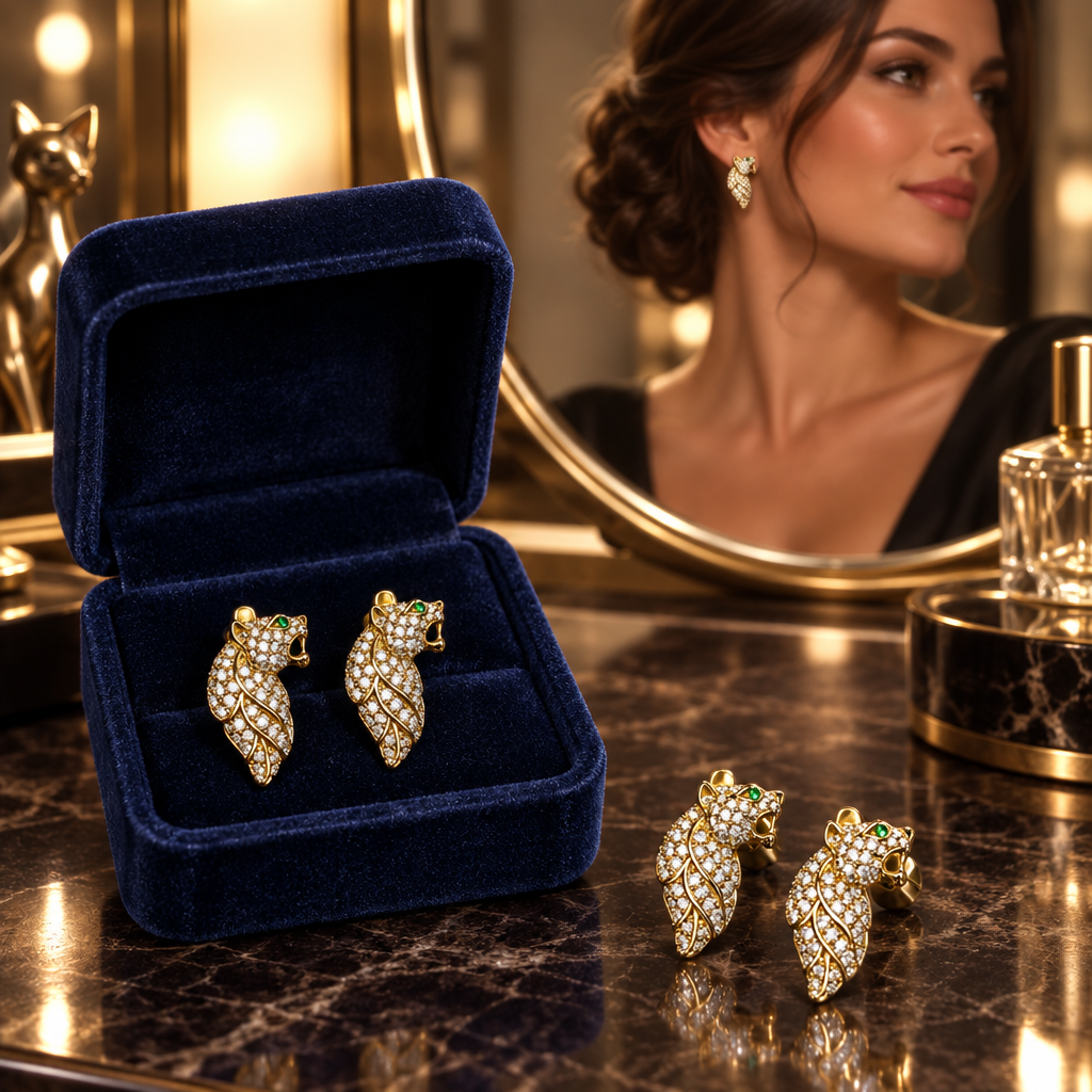 Gold-tone cat earrings styled in and beside a jewelry box