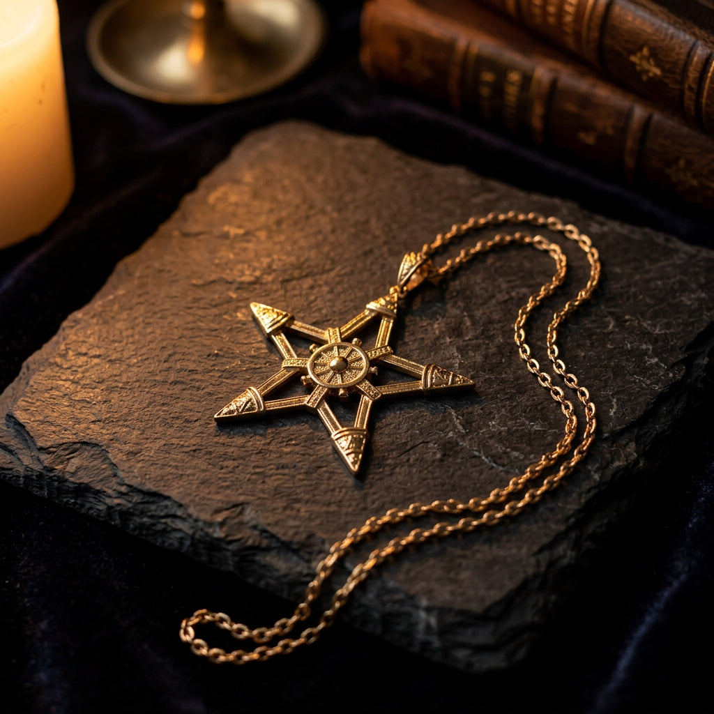 Ornate gold-plated pentagram pendant necklace with decorative tips and circular center detail.