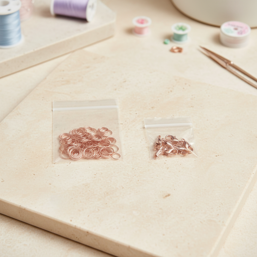 Rose gold-tone jump rings and lobster claw clasps on a bright creative workspace background
