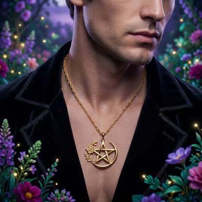 Illustrative male gothic styling with gold rose pentacle and chain in a magical garden