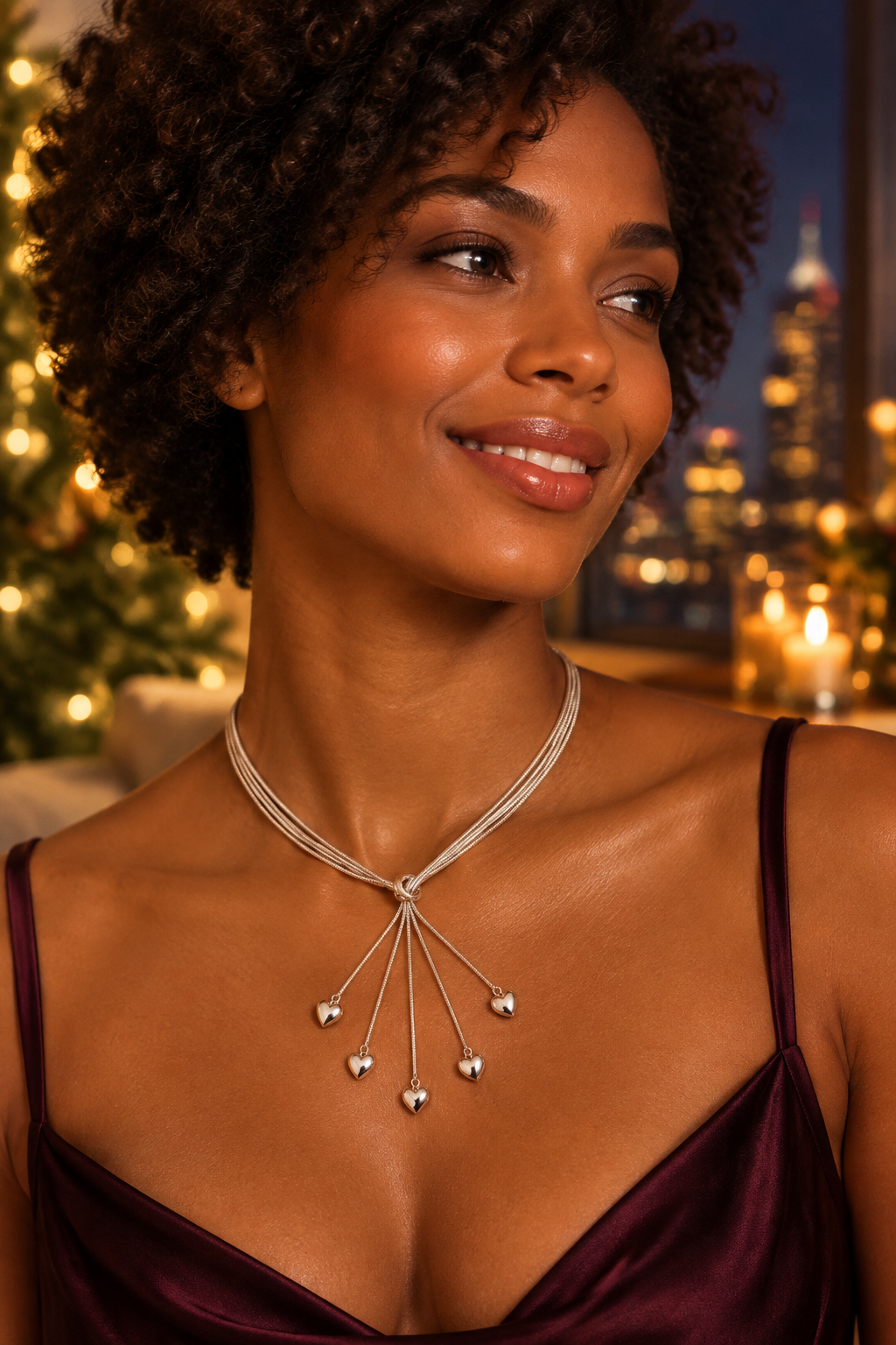 Illustrative holiday styling: Black woman wearing a five-heart drop necklace