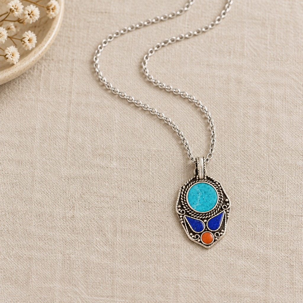 Oval blue pendant on a dressing table