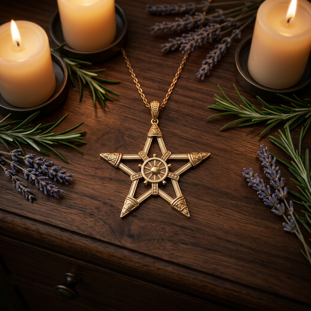 Pentagram necklace on a wooden dresser with candles and herbs
