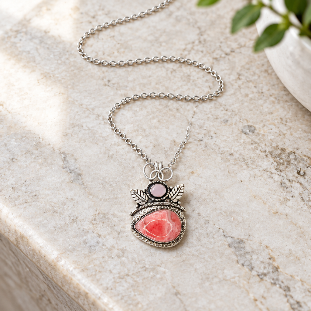 Pink pendant on a bathroom vanity