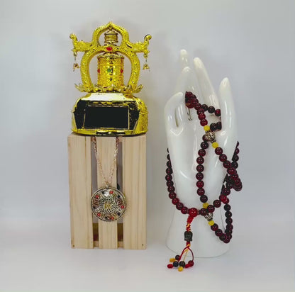Spiritual Gift Set: Prayer Wheel, 108 Carnelian Mala, OM Pendant, Rose Gold Necklace, Gift