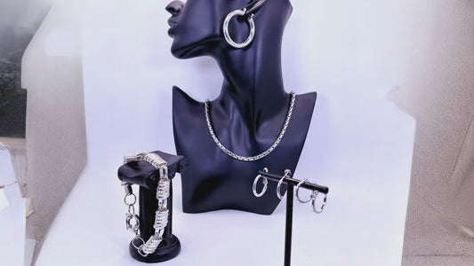 Rhodium Plated Stainless Steel Hoop Earrings, Chain Necklace, Link Bracelet | 9in Bracelet, 18in Necklace