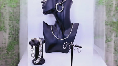 Rhodium Plated Stainless Steel Hoop Earrings, Chain Necklace, Link Bracelet | 9in Bracelet, 18in Necklace