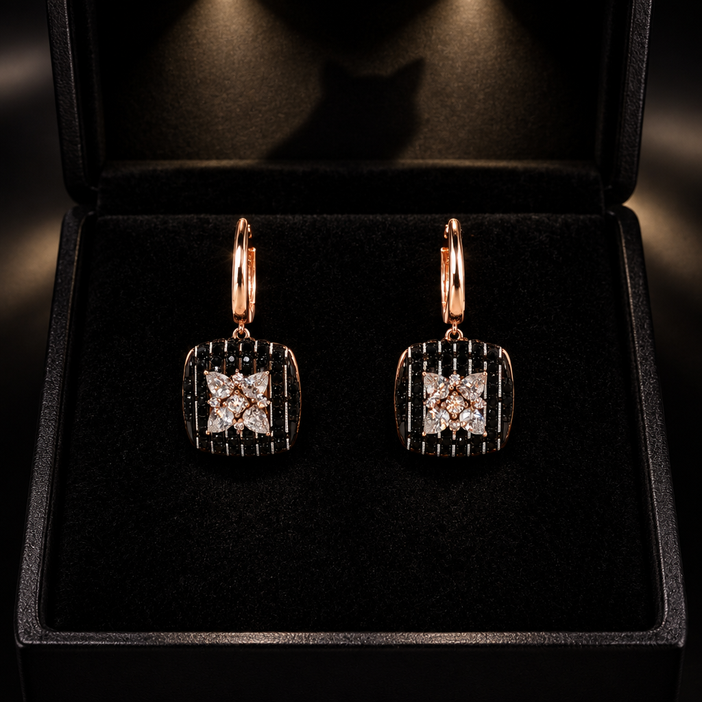 Rose-gold onyx and diamond square earrings in a black velvet jewelry box