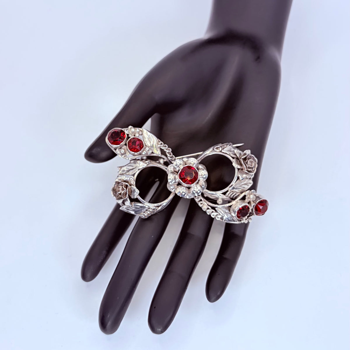 Vintage 1980s Sterling Silver & Ruby Floral Brooch | Designer Signed