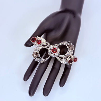 Vintage 1980s Sterling Silver & Ruby Floral Brooch | Designer Signed