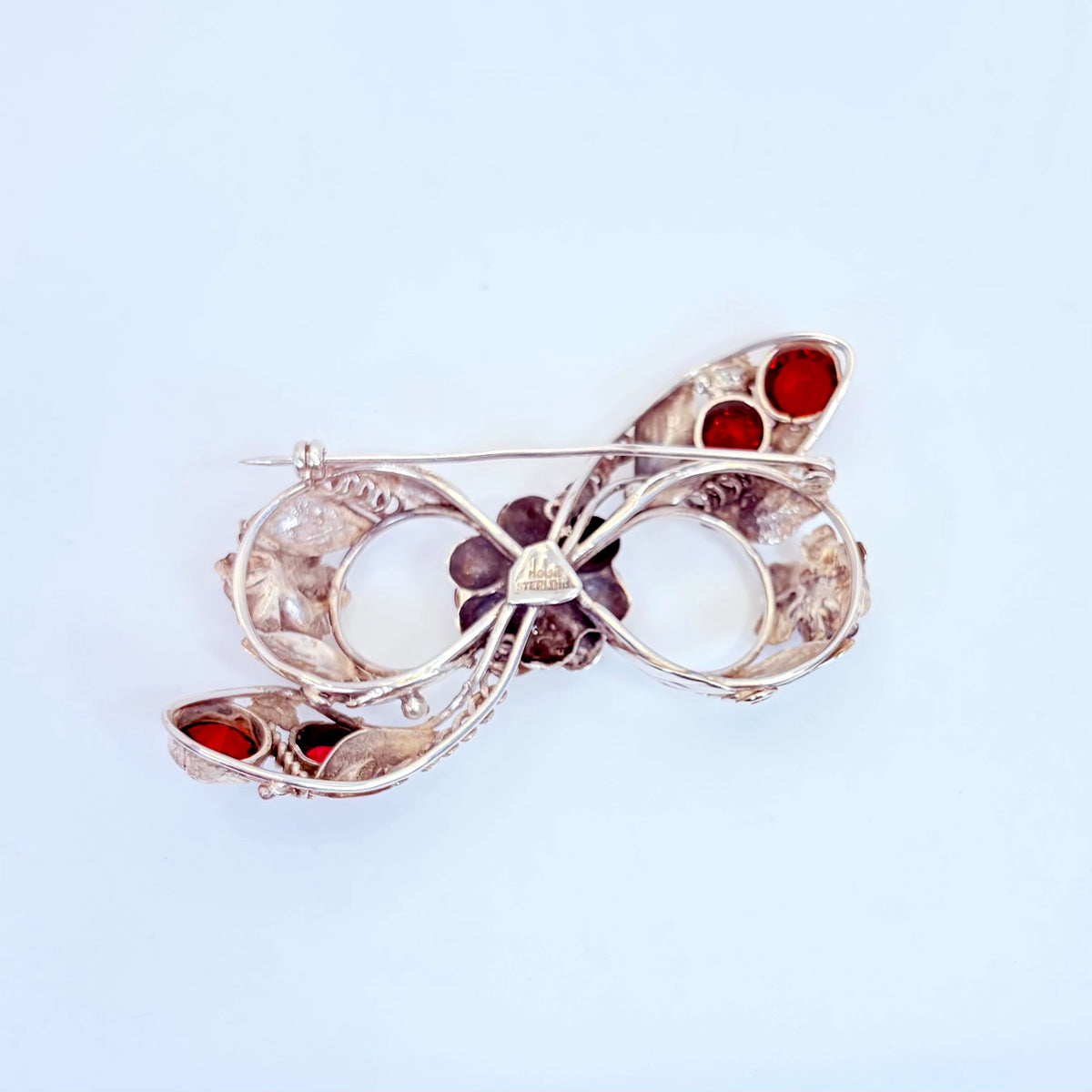 Vintage 1980s Sterling Silver & Ruby Floral Brooch | Designer Signed
