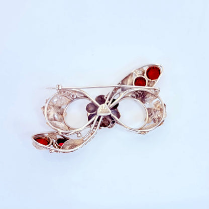 Vintage 1980s Sterling Silver & Ruby Floral Brooch | Designer Signed