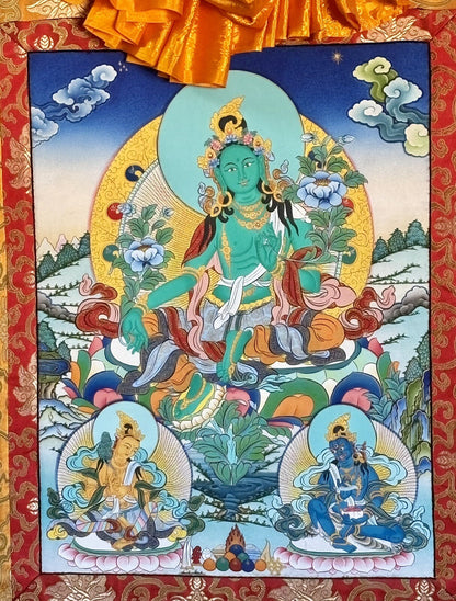 Tibetan Buddhist Thangka: Green Tara, Spiritual Meditation, OM, Ritual, 3 5