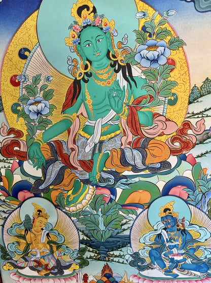 Tibetan Buddhist Thangka: Green Tara, Spiritual Meditation, OM, Ritual, 3 5