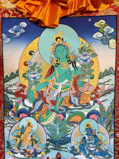 Tibetan Buddhist Thangka: Green Tara, Spiritual Meditation, OM, Ritual, 3 5