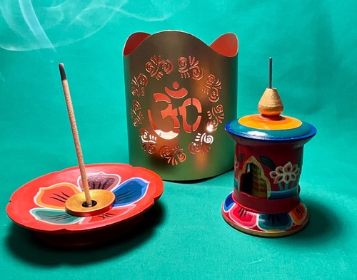 Gift Set Prayer Wheel Candle Holder Incense Spiritual Healing Meditation